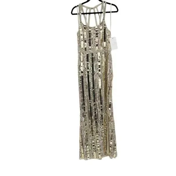 Mac Duggal Bead-Embellished Detail Halter Neck Gown Gold/ Silver Size 14 NWT - Picture 9 of 12